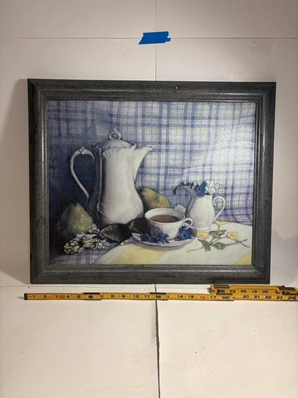 Blue Plaid Still Life with Tea Set Framed Print artwork - Size Pictured